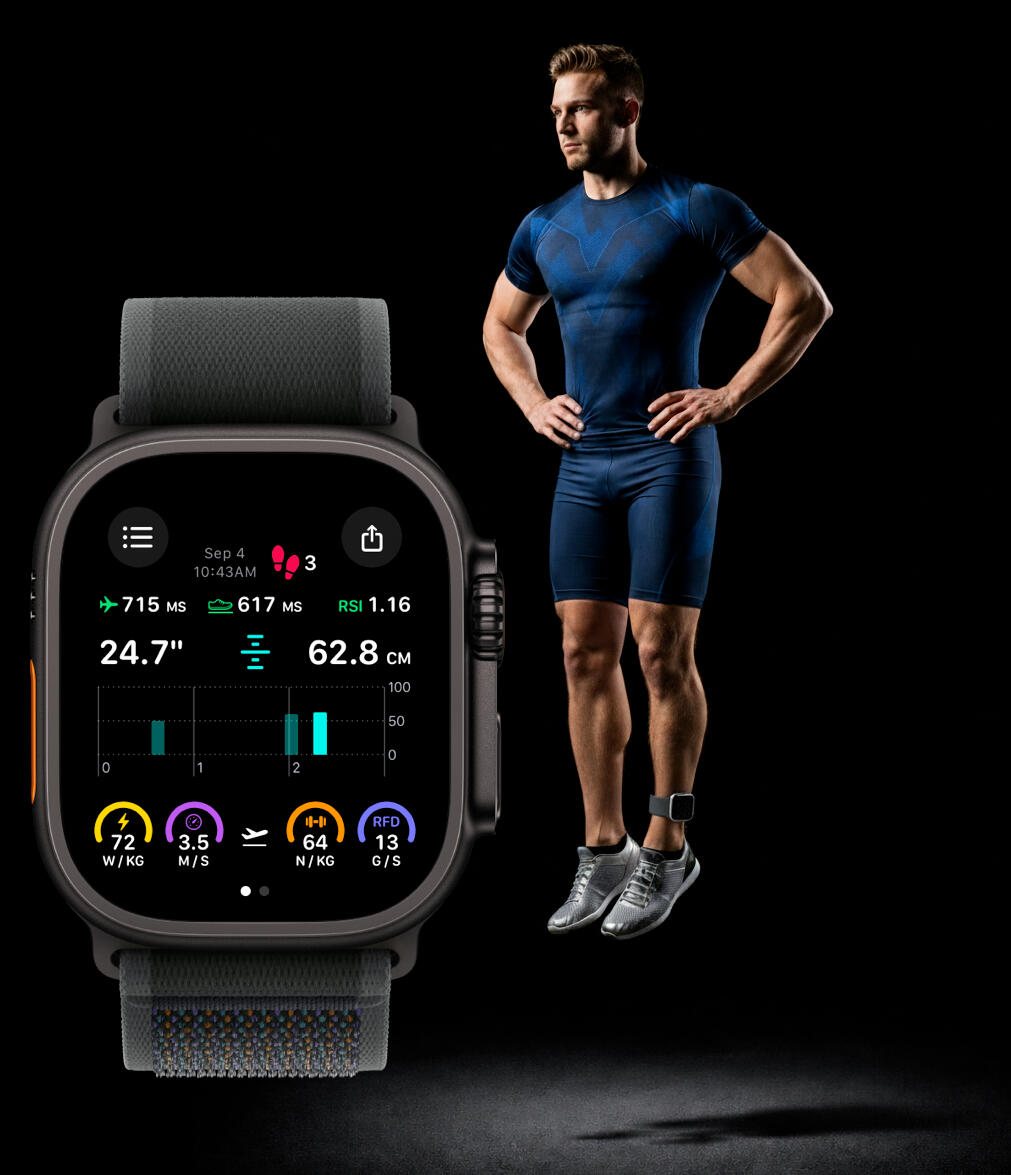 Apple Watch Vertical Jump Metrics Using Jumpable Vertical jump height, normalized peak power at takeoff in W/kg, takeoff velocity in m/s, normalized peak force in N/kg, number of countermovement jumps or squat jumps, flight time in ms.