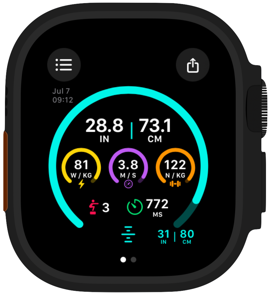 Apple Watch Vertical Jump Metrics Using Jumpable Vertical jump height, normalized peak power at takeoff in W/kg, takeoff velocity in m/s, normalized peak force in N/kg, number of countermovement jumps or squat jumps, flight time in ms.