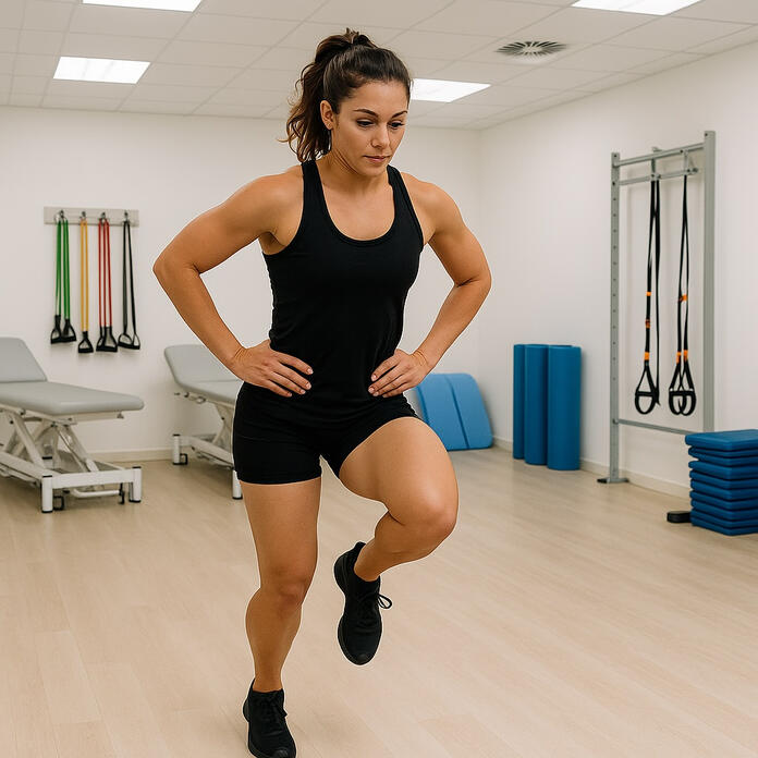 Athlete performing a single leg jump to monitor their rehabilitation progress Athlete is assessing asymmetry in their leg and tracking their rehabilitation progress with Jumpable to be able to return to sport