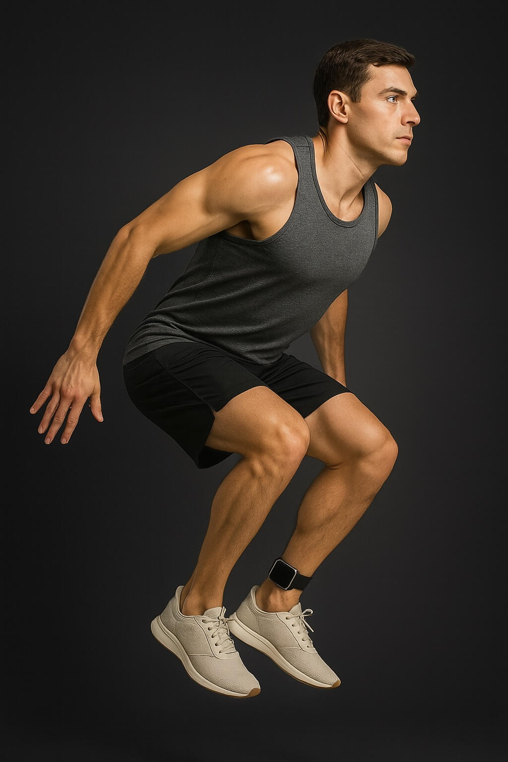 Athlete performing a vertical countermovement jump to measure their jump statistics using Jumpable™ Athlete has an Apple Watch strapped to their ankle to measure their vertical jump metrics. The watch is strapped to the inner (medial) side of the ankle for best results and to minimize motion artifact.